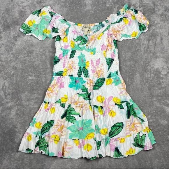 Cleobella Dress Womens Small Tropical Floral Leafy Smocked Beachy Vacation Boho - Picture 7 of 15